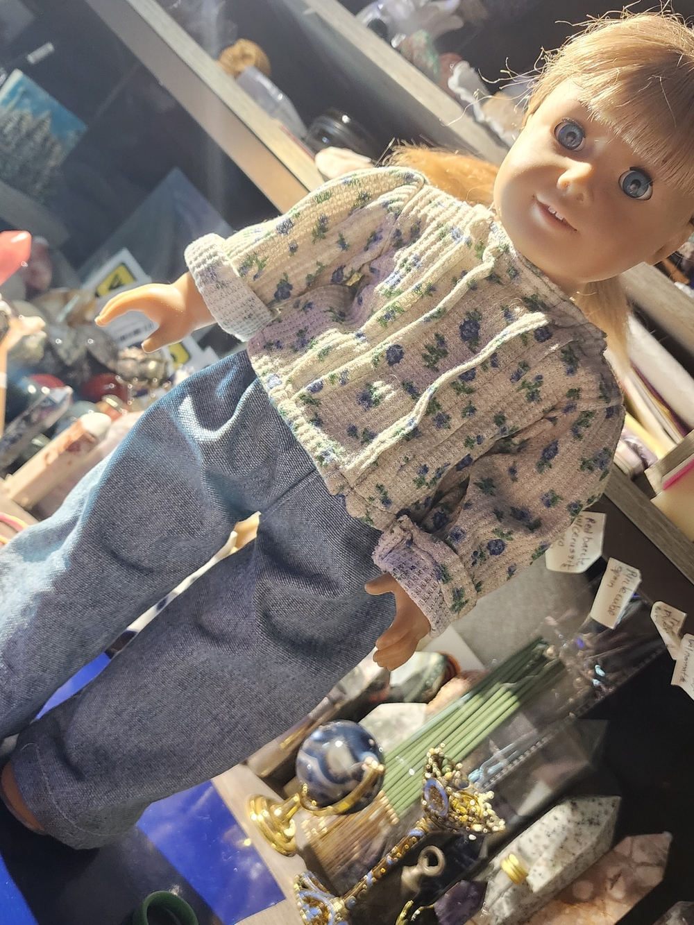 American Girl Julie Albright/ Blue Floral Knit Top and Denim Pants Doll Outfit